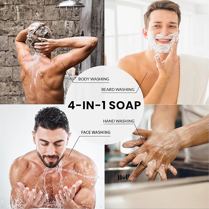 Rinse & Robust Mens Bar Soap Cleansing Bar Moisturizing & Exfoliating Scrub Soap Gift Set for Men | 4 in 1 Face Body Hand Beard Wash | Cinnamon, Lemon Cedar, Mint Ice Chips, Tobacco | 5.3 oz of 4 Bars