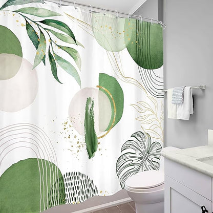 Green Boho Shower Curtain 72Wx72H Mid Century Modern Abstract Gold Olive Tropical Palm Leaves Plant Geometric Bathroom Decor Minimalist Bohemian Bath Curtain Fabric Polyester 12 Pack Hooks