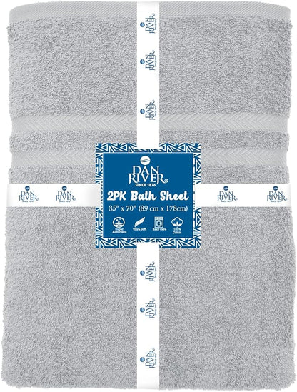 DAN RIVER 2 Pack Luxury Bath Sheets 35x70, 600 GSM, Soft & Quick Dry 100% Ring Spun Cotton Towels Ideal for Hotels, Spas, Gyms & Salons Extra Large, Silver