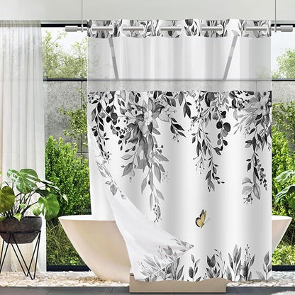 No Hook Shower Curtain and Liner Set, Grey Eucalyptus Floral Shower Curtains for Bathroom, Bath Curtain Sets with Snap in Liner, Waterproof with See Through Top Window, 71x77 Inches