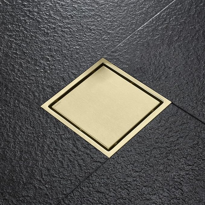 4 Inch Square Shower Drain with Flange, Removeable Grate SUS 304 Stainless Steel Shower Drain with Hair Catcher (Brushed Gold-1, 4 Inch)