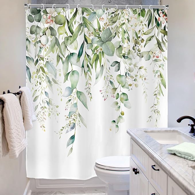 Riyidecor Sage Green Eucalyptus Shower Curtain,Fabric Cloth Bathroom Curtains,Leaves Plants Spring Floral Botanical Leaf Nature Watercolor Bath Shower Curtains Decor Set 72x72 Inch