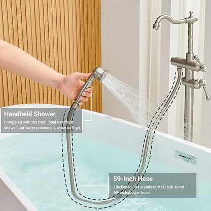 Freestanding Tub Faucet Sets, JetsBath Floor Mount BathTub Filler with 360° Swivel Spout & Handheld Sprayer, Brushed Nickel Floor Mount Bathtub Faucet Single Handle with Supply Hose