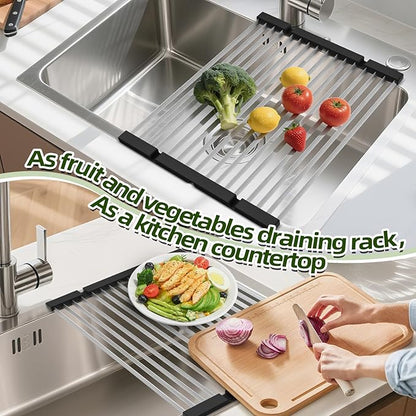 GAViA Roll Up Dish Drying Rack Over The Sink Drying Rack Stainless Steel Sink Drying Rack Kitchen Dishes Drying Mat Foldable Dish Drainer Rack Kitchen Sink Organizer Accessories