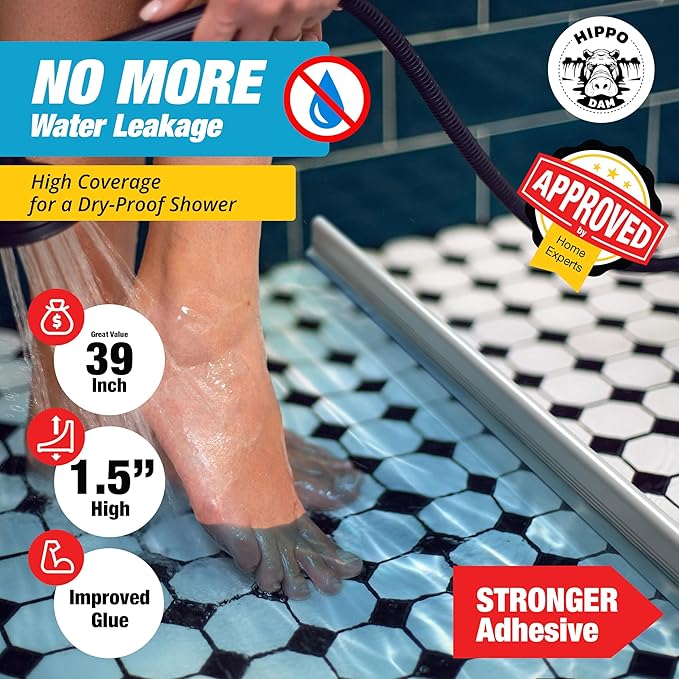 Shower Threshold Water Dam Barrier 39" - White Collapsible Shower Water Blocker - Shower Guard for Walk in Shower - Water Guard Stopper for Floor - Shower Dam - 1.5" Tall - By Hippo Dam