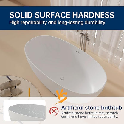 59'' Stone Resin Freestanding Bathtub, Bathroom Solid Surface Tub Bathtubs soaker Tubs Oval Shaped Matte Luxury Modern Soaking Tub with Overflow and Pop-up Drain - White