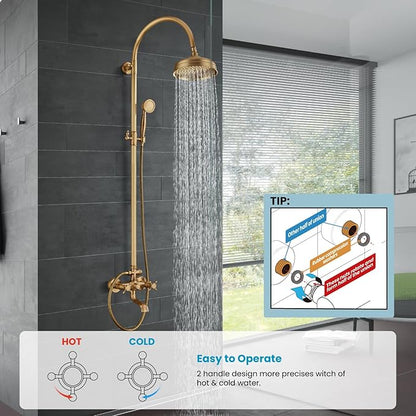 gotonovo Exposed Bathroom Shower System Classic Shower Kit 8 Inch Luxurious Rainfall Shower Head Handheld Spray Tub Filler Brass Pipe 3-Function Wall Mount Double Cross Knobs Antique Brass