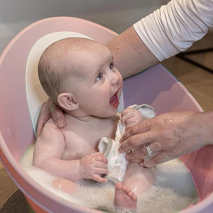 Shnuggle Newborn Baby Bath | Built in Support Bump and Soft Backrest | Suitable from Newborn | Bath Seat Support Includes Plug | Blossom Pink