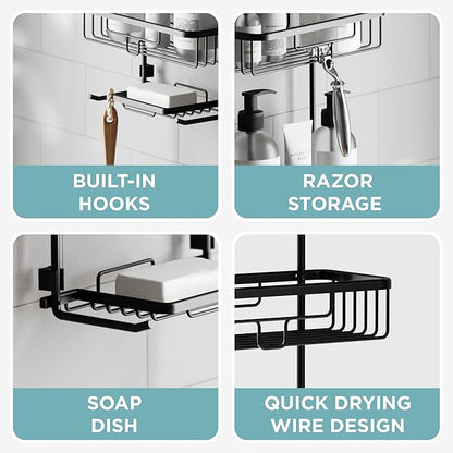 Zenna Home Rustproof Hanging Shower Caddy, Over the Shower Head Caddy with 2 Shelves and Built In Hooks, Aluminum Bathroom Hanging Organizer, Black
