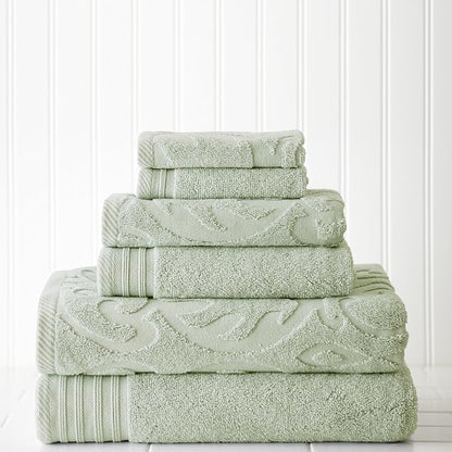 Modern Threads 6 Piece Jacquard/Solid Towel Set-Medallion Swirl Soft Jade