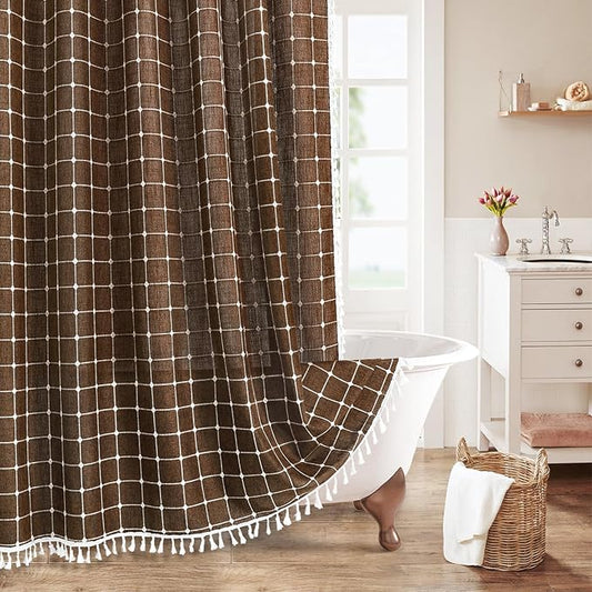 MitoVilla Brown 72 x 78 Farmhouse Shower Curtain, Boho 78 inch Long Polyester Linen Tassel Fabric Shower Curtain Set for Chic Cottagecore French Rustic Bathroom Decor