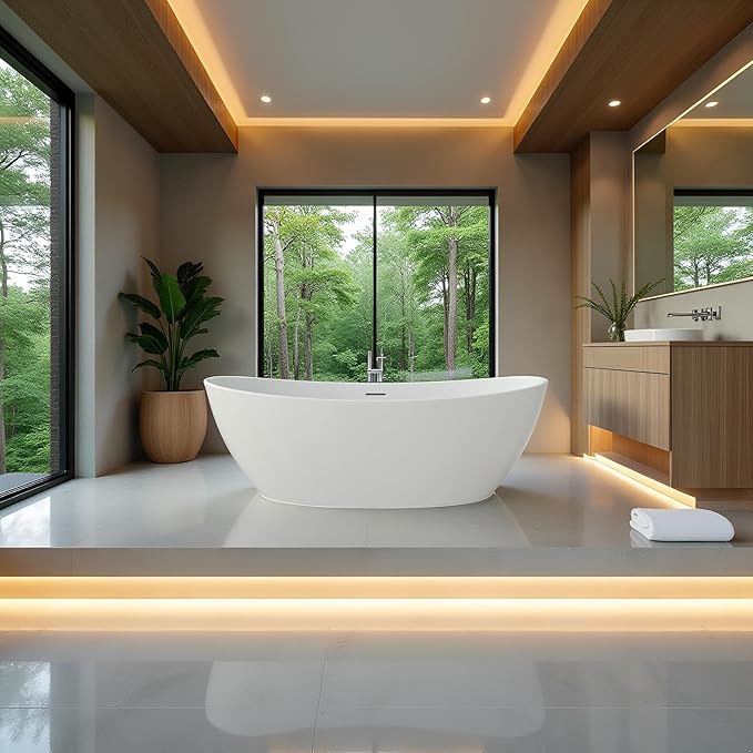 73'' High-back Freestanding Solid Surface Resin Stone Bathtub, Freestanding Tub, Contemporary Design Stand Alone Tub with Pop-up Drain and Overflow, Matte White (Oval)