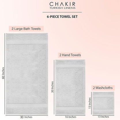Chakir Turkish Linens 100% Cotton Premium Turkish Towels for Bathroom, 2 Large Bath Towels, 2 Hand Towels, 2 Washcloths (6-Piece Towel Set, Silver)
