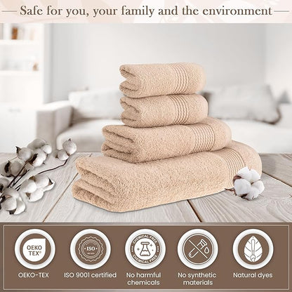HALLEY Turkish Cotton Towels (Set of 4) 1 Bath Towel 1 Hand Towel 2 Washcloths, Super Soft Highly Absorbent 100% Cotton Towels for Bathroom and Kitchen for Mother’s Day (Tan)