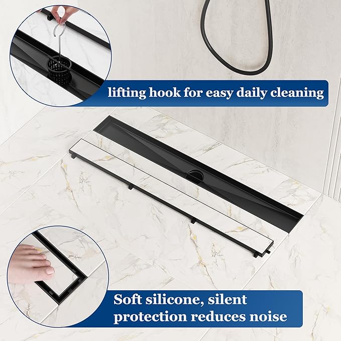 Neodrain 30-Inch Linear Shower Drain with Tile Insert Grate,Matte Black 304 Stainless Steel Rectangle Shower Floor Drain, Linear Drain with Leveling Feet, Hair Strainer
