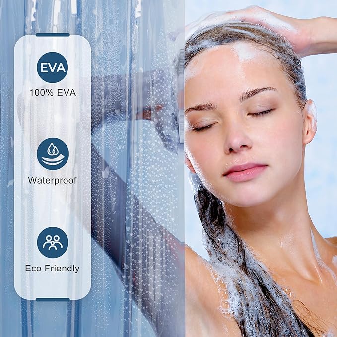 AmazerBath Shower Curtain Liner, 100% EVA Soft Clear Blue Heavy Duty Shower Curtain and Liner 2-in-1, 72x72 Luxury Plastic Weighted Bathroom Shower Liner, 12 Rustproof Grommets & 3 Heavyweight Stones