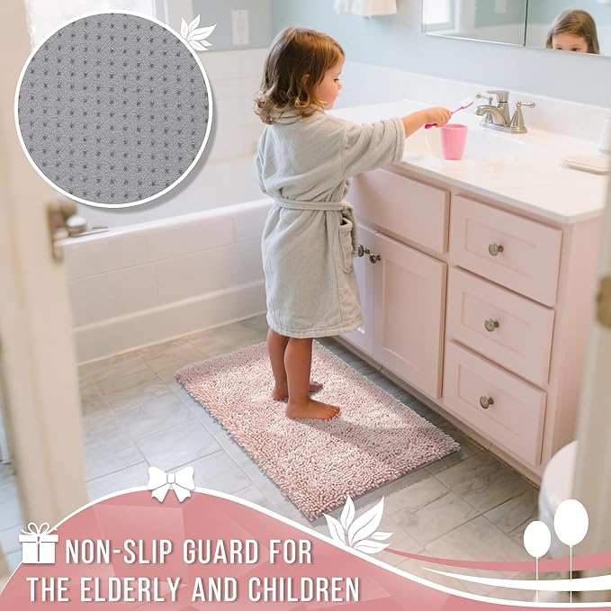 Yimobra Chenille Bathroom Rugs Non Slip, Extra Thick Soft Absorbent Bath Rug, Machine Washable Quick Dry Bath Mat for Bathroom Floor, Tub and Shower, Home Decor Accessories, 24x17, Pink