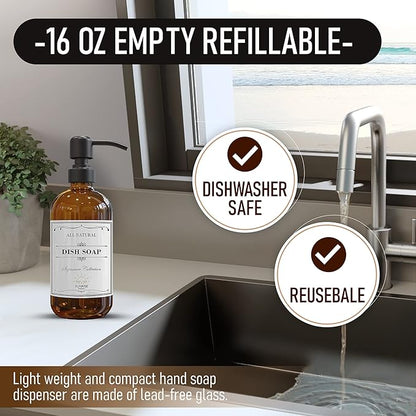 2 Pack Amber Glass Soap Dispenser 16 OZ with Matte Black Stainless Steel Pump, Hand and Dish Soap Dispenser Set for Bathroom and Kitchen Sink with 6 Waterproof Labels