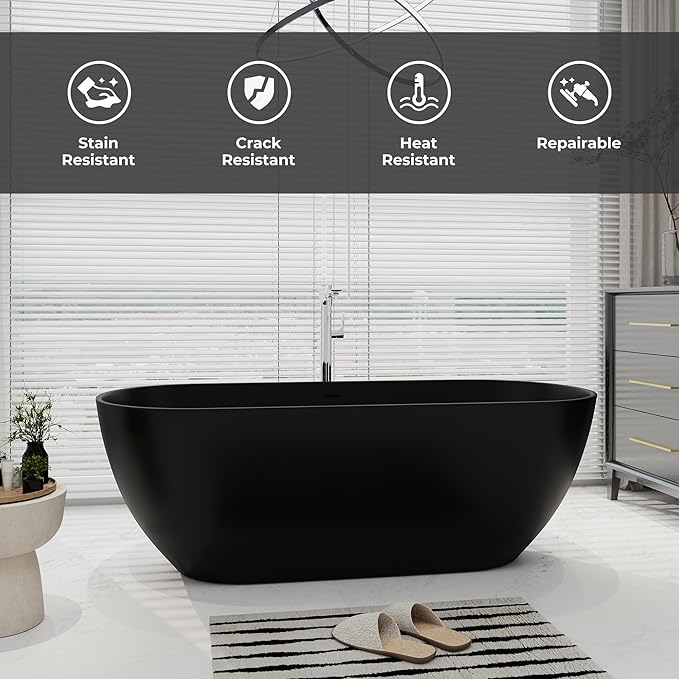SJ STAR&JANE 69" Solid Surface Freestanding Bathtub Oval Stone Resin Soaking Tub Modern Stand Alone Tub with Overflow & Pop-up Drain, Matte Black for Bathrooms