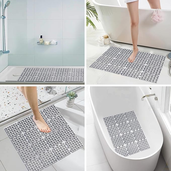 Shower Mat Non Slip，24"X24" Bathtub Mat Non Slip Square Shower Mats for Inside Shower with Drain Holes Suction Cups, Quick Drain, TPE Shower Floor Mat for Elderly & Kids (D-Grey)