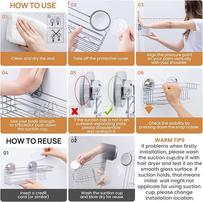 LEVERLOC Shower Caddy Suction Cup, Shelves for Inside with Hooks & Soap Holder Toothbrush Holder, NO-Drilling Bathroom Organizer, Rustproof Holder Storage, Silver