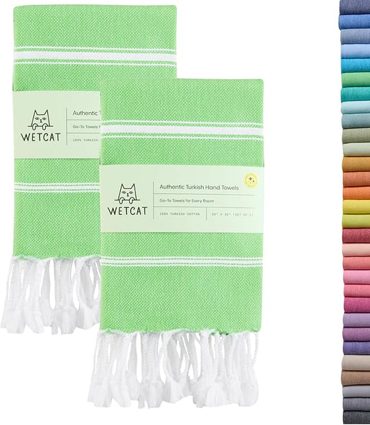 WETCAT Turkish Hand Towels with Hanging Loop, Set of 2 (20" x 30") 100% Turkish Cotton, Pre-Washed, Quick Drying, for Kitchen or Bathroom - Lime Green