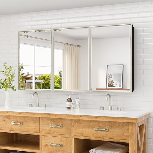 TETOTE 60" x 30" Brushed Nickel Medicine Cabinet Storage with Mirror Farmhouse Bathroom Medicine Cabinet with Adjustable Shelves Wall Mounted or Recessed