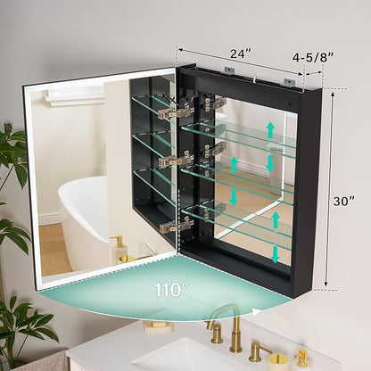 WELLFOR 24" X 30" LED Mirrored Medicine Cabinet, Medicine Cabinets with Lights for Bathroom, Defogging Function Mirror Cabinet, Bathroom Medicine Cabinet with USB Port & Outlet, Left Opening Doors