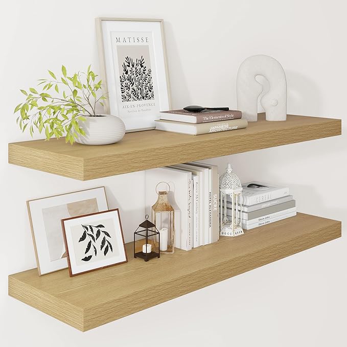 Vivelove 12 Inch Deep Floating Shelves 36 inch Long, 2 Inch Thick Wall Shelves with Invisible Brackets, Shelf for Bedroom Bathroom Living Room Kitchen Office Home Decor, Modern Shelf Set of 2, Oak