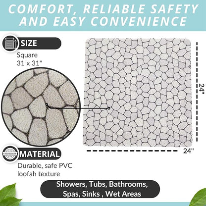 Enkosi Loofah Shower Mat Non-Slip - Anti-Slip Bath Mat for Inside Showers, Tub, Bathtub, Bathroom - Quick Dry PVC with Drain Holes - Cushioned Safety Grip - Secure for Kids and Elderly (Pebble 24x24)