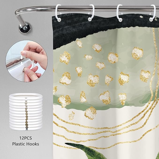 Grey Green Boho Shower Curtain 72Wx78H Long Tropical Palm Leaves Abstract Modern Bohemian Minimalist Gold Leaf Mid Century Bathroom Decor Botanical Bath Curtain Fabric Polyester 12 Pack Hooks