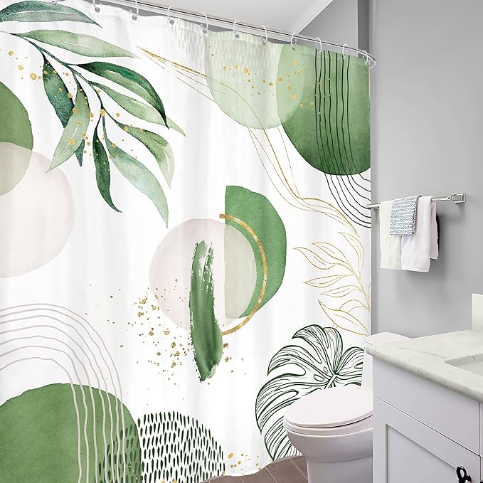 Extra Long Green Boho Shower Curtain 72Wx84H Mid Century Modern Abstract Palm Leaves Plant Tropical Gold Olive Geometric Bathroom Decor Minimalist Bath Curtain Fabric Polyester 12 Pack Hooks