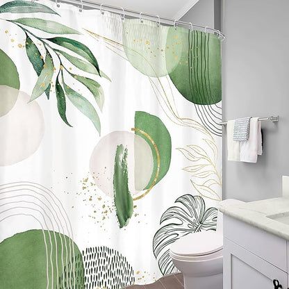Extra Long Green Boho Shower Curtain 72Wx84H Mid Century Modern Abstract Palm Leaves Plant Tropical Gold Olive Geometric Bathroom Decor Minimalist Bath Curtain Fabric Polyester 12 Pack Hooks