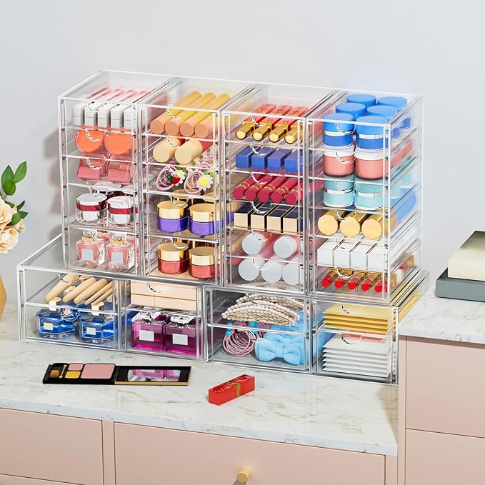 Makeup Organizer Storage with 30 Drawers, 6 Pcs Desktop Office Supplies, Desk Organizers, Clear Accessories, Dustproof Drawer and for Make Up, Jewelry, Pen, Stationary