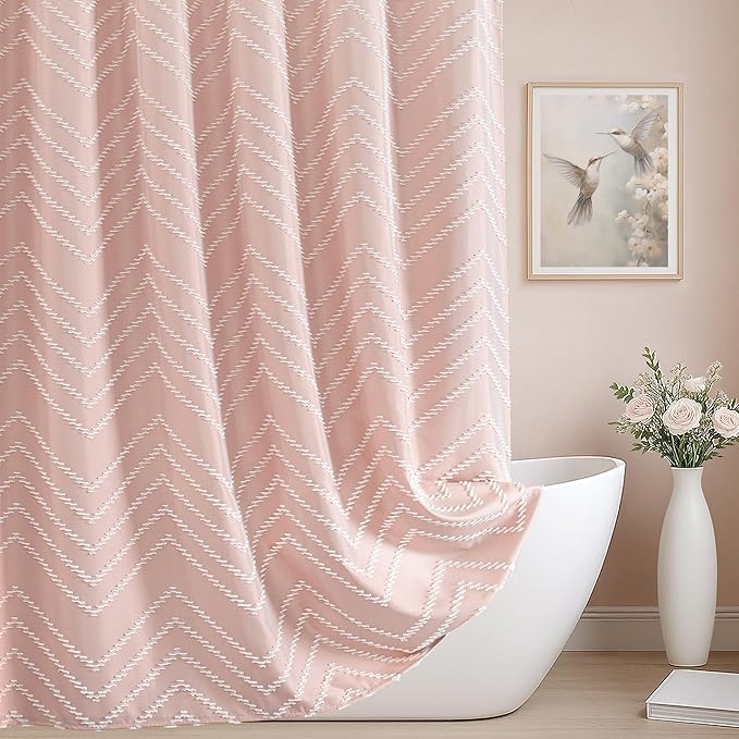 Extra Long Blush Pink Boho Shower Curtain Cute Shower Curtain Textured Tufted Chevron Striped Minimalist 72 x 96 Bathroom Shower Curtains