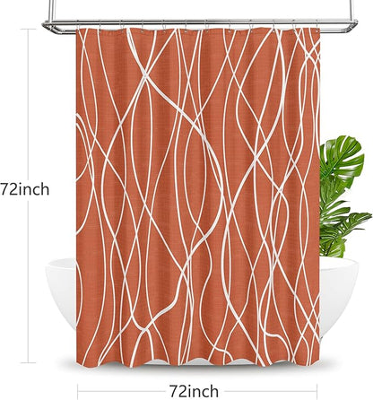 Tititex Morden 140gms Faux Linen Fabric Bath Shower Curtain Set Textured Fabric with Caramel White Curve Pattern 72x72 Inch Water Resistant Bathroom Curtains, Weighted Hem & Hooksfor Hotel/Home