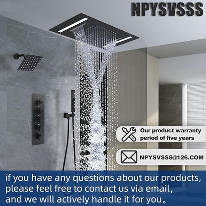 Dual Rain Shower Head Thermostatic Luxury Spa Shower System And Ceiling Mount 14x20 Inch LED 4 Functions with 6 Inch Wall Head Shower Faucet Set,Matte Black