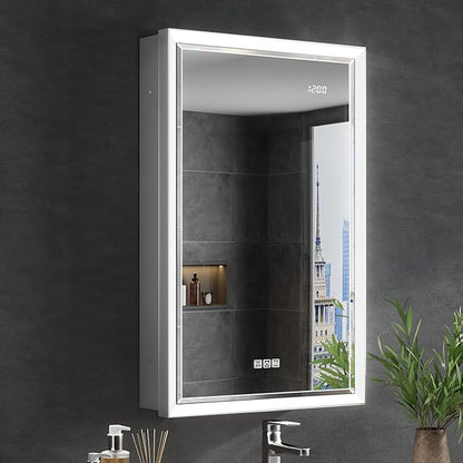 20x32 Lighted Medicine Cabinet with Beveled Mirror & Clock, Surface or Recessed Mirrored Medicine Cabinet with Dimmable Light Anti-fog, Built-in Sensing Light & Outlet, Soft-Close Right Hinge