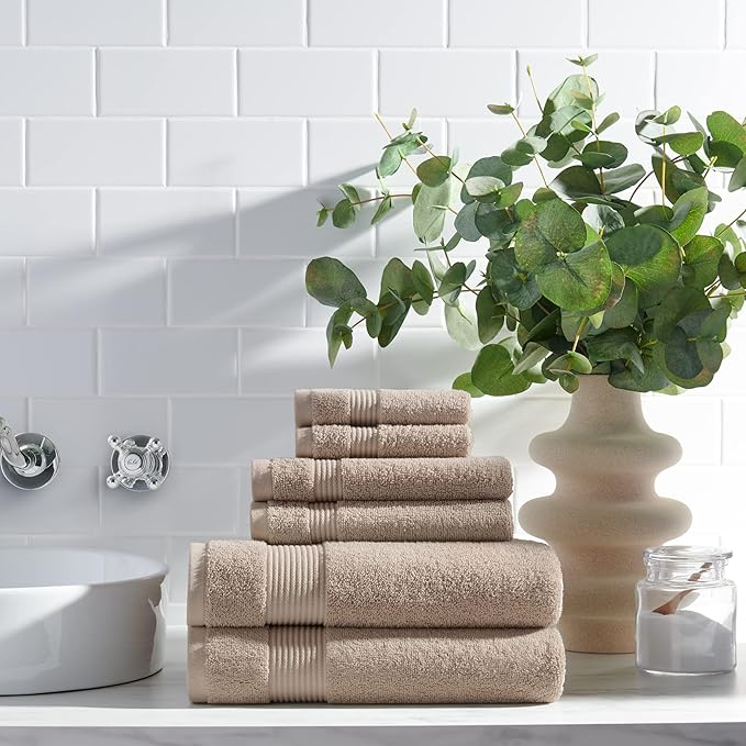 Arkwright Bath Towels Set of 6 - Super Soft 100% Cotton, 600 GSM Quick Dry & Absorbent, Luxury Bathroom Essentials with 2 Shower Towels, 2 Hand Towels and 2 Washcloths, Latte Beige