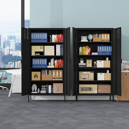 COFaR 5 Tier Black Metal Storage Cabinet, Free Standing with 2 Doors, 4 Adjustable Shelves and Legs, Cupboard Metal Cabinet for Living Room, Kitchen, Dining Room, Office