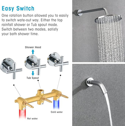 PROOX 3 Handle Tub Shower Faucet Set, 10" Rainfall Shower Head with Tub and Shower Trim Kit with Rough-in Valve, Polished Chrome Bathtub Shower Faucets, Wall Mounted Bathroom Rain Shower System