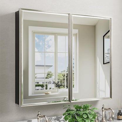 Pre-Assembled Surface or Recessed Medicine Cabinet Mirror-40x30 Brushed Nickel Bathroom Medicine Cabinet with Mirror & Rustproof Aluminum Frame, Beveled Bathroom Vanity Mirror with Storage