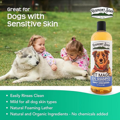 VERMONT SOAP Organics Pet Shampoo - Infused with Organic & Natural Olive Oil, Coconut & Aloe Vera Dog Shampoo for Sensitive Skin - USDA Certified Grooming Pet Shampoo - Unscented (16oz)