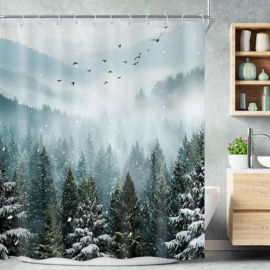 Riyidecor Green Mountain Shower Curtain 72Wx72H Inch Winter Snowy Rustic Sage Scenery Misty Landscape Foggy Christmas Pine Tree Wood View Bathroom Decor Fabric Polyester Waterproof 12 Pack Hooks