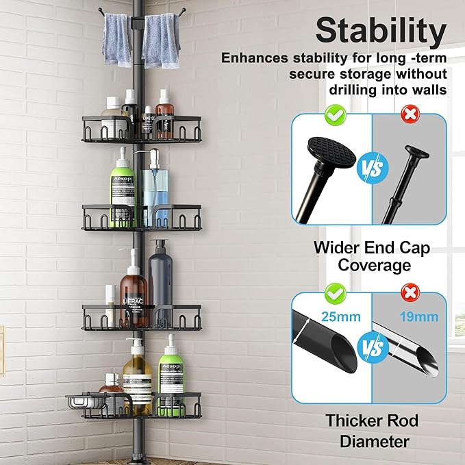 Corner Shower Caddy Tension Pole,39-113 inch Adjustable Rustproof Floor Standing Shower Organizer Shelf with 4 Basket for Bathtub,Inside Shower Shampoo Storage,Black