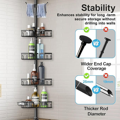Corner Shower Caddy Tension Pole,39-113 inch Adjustable Rustproof Floor Standing Shower Organizer Shelf with 4 Basket for Bathtub,Inside Shower Shampoo Storage,Black