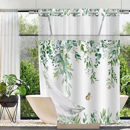 No Hook Shower Curtain and Liner Set, Light Green Eucalyptus Floral Shower Curtains for Bathroom, Bath Curtain Sets with Snap in Liner, Waterproof with See Through Top Window, 71x74 Inches