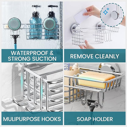 TAILI Shower Caddy Suction Cup 2 Pack with Hooks and Soap Holder, Heavy Duty Shower Organizer for Bathroom, No Drilling Silver bathroom suction shelves