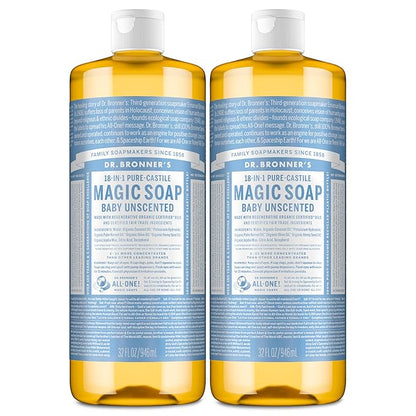 Dr. Bronner's Magic Soap-Pure-Castile Liquid Soap (Baby Unscented, 32 ounce, 2-Pack)-Regenerative Organic Certified Oils, 18-in-1 Uses: Body, Laundry & Dishes, For Sensitive Skin, No Fragrance