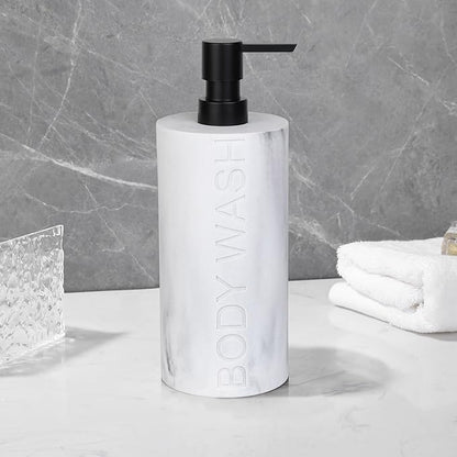 Resin White Marbled Body Wash Engraved Bottle Refillable Pump Dispenser, Durable Waterproof Construction for Bath, Shower - Resin White Marble - Matte Black Pump